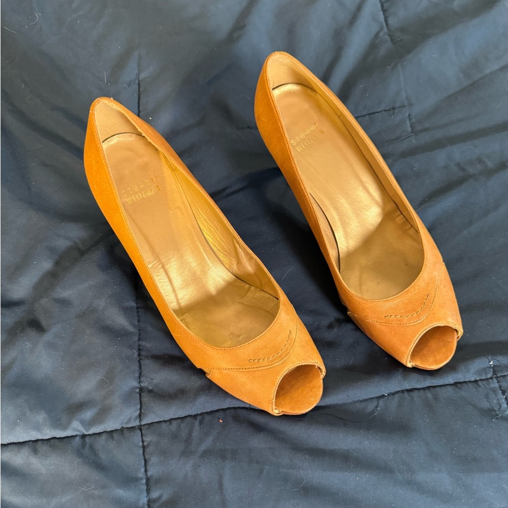 Stuart Weitzman Tan Leather‎ Peep Toe Pumps Heels Women’s Sz 9